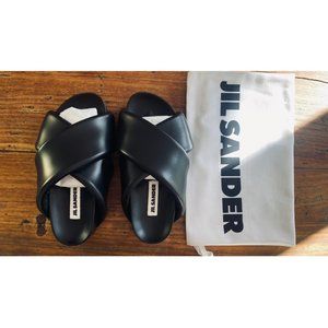 JIL SANDER  Black, leather cross strap slides, sandals NEW NWT